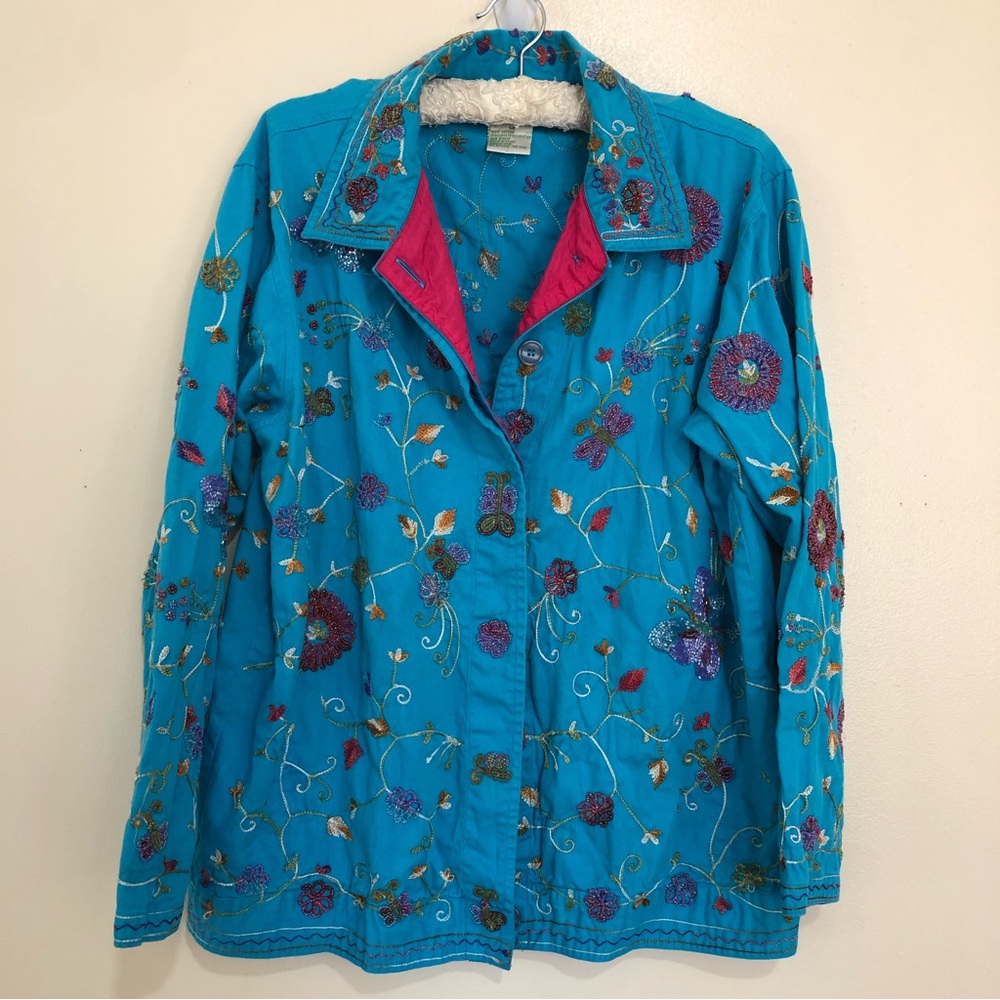 Vintage Granny Core  bright blue floral embroidered beaded shaket size medium